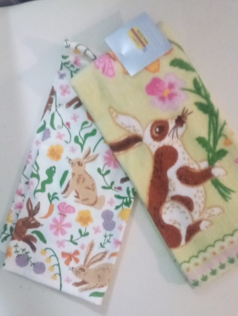 Easter Bunny Printed Kitchen Towels - Yellow & White Floral Rabbit Set NWT